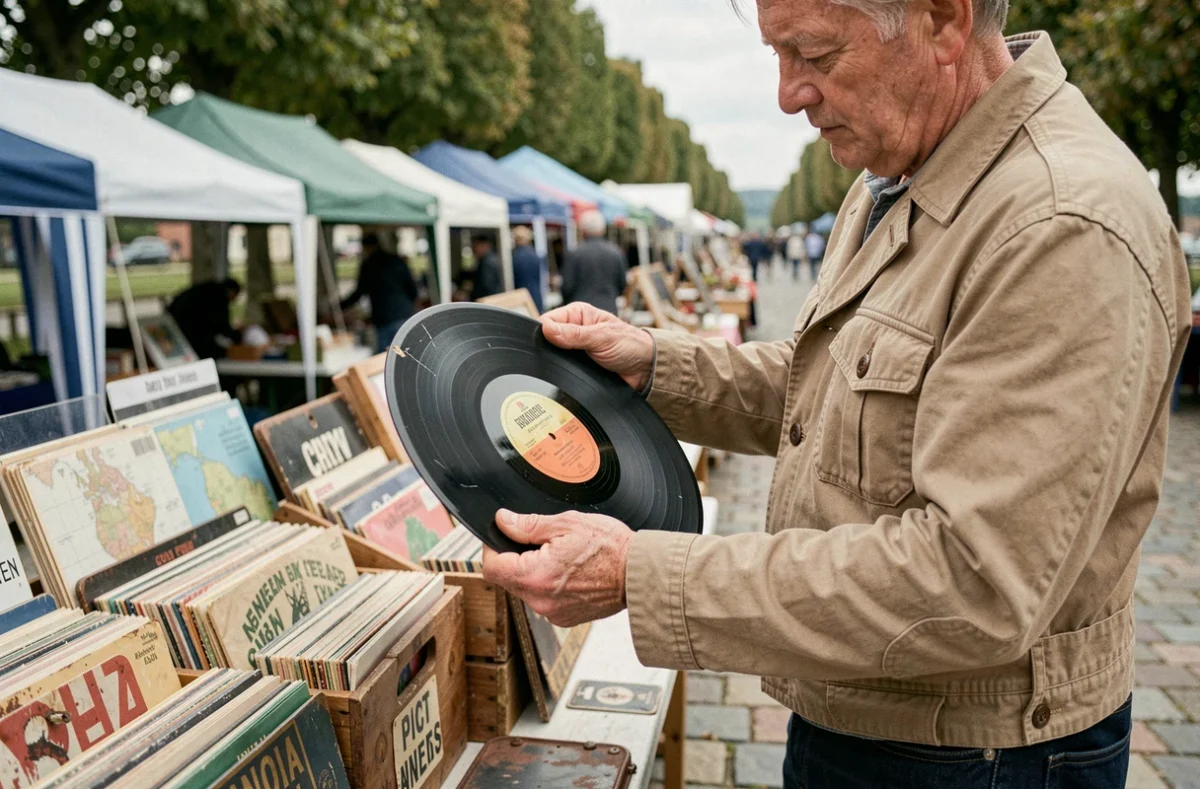 Homme inspectant un disque vinyle vintage sur un stand de vide grenier en plein air dans le Morbihan
