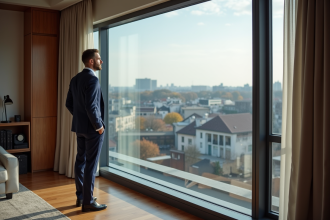 Homme élégant en blazer regardant la ville de Mille