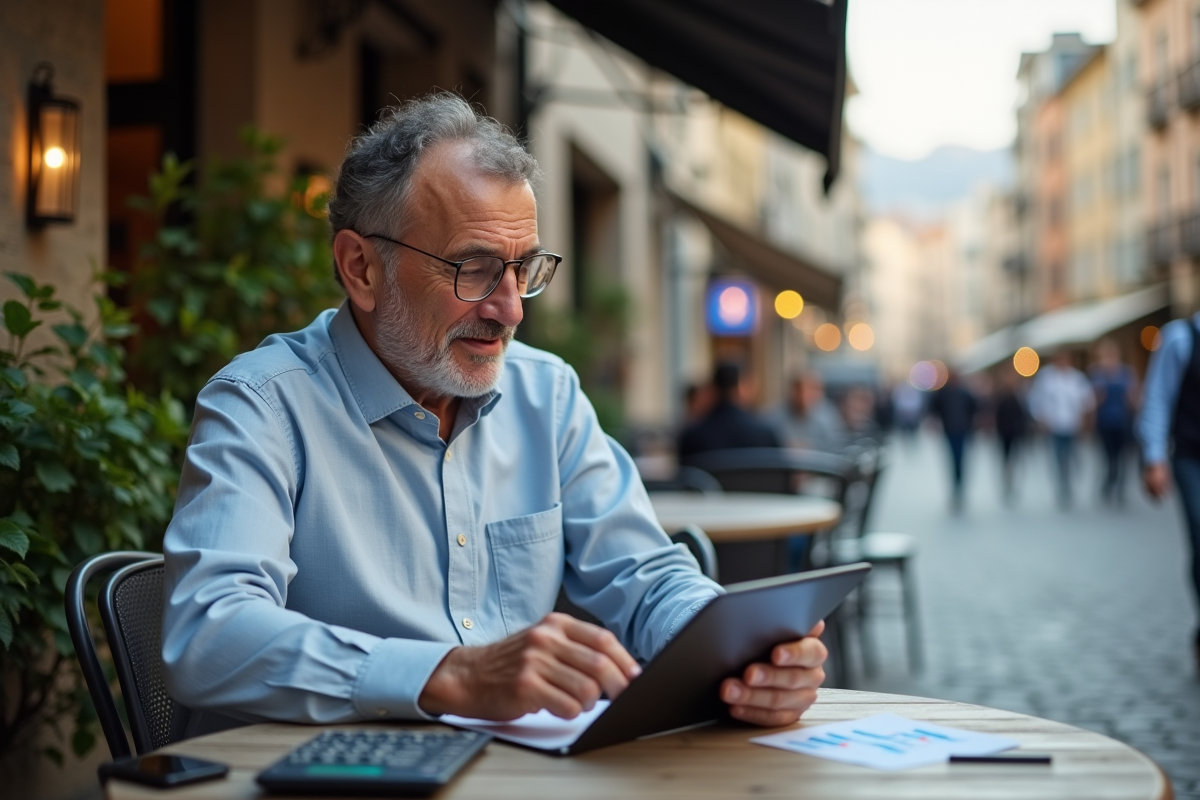 Homme analysant ses finances au café en plein air