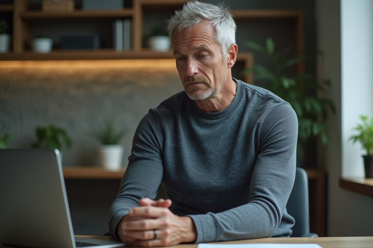 Homme d age moyen examinant un maillot sportif futuriste