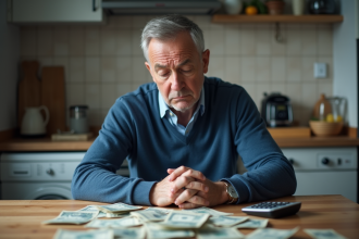 Homme inquiet comptant ses factures dans la cuisine