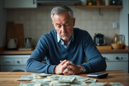 Homme inquiet comptant ses factures dans la cuisine