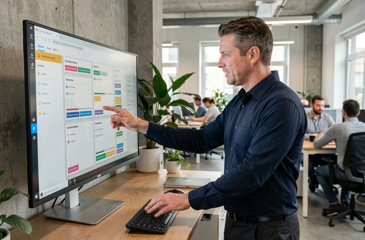Homme au bureau debout interagissant avec une interface de filtrage de données sur grand écran dans un open space professionnel