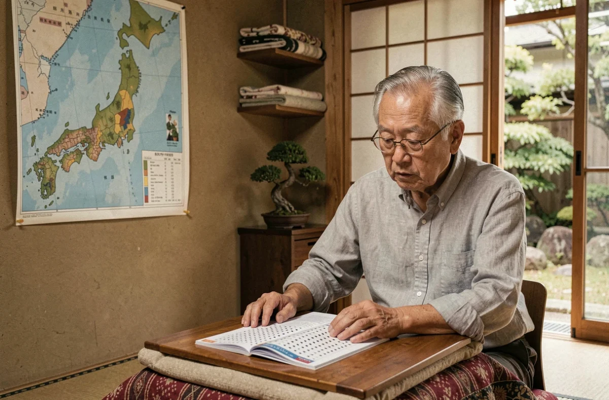 Homme japonais âgé consultant une carte du Japon pour résoudre des mots croisés sur les villes
