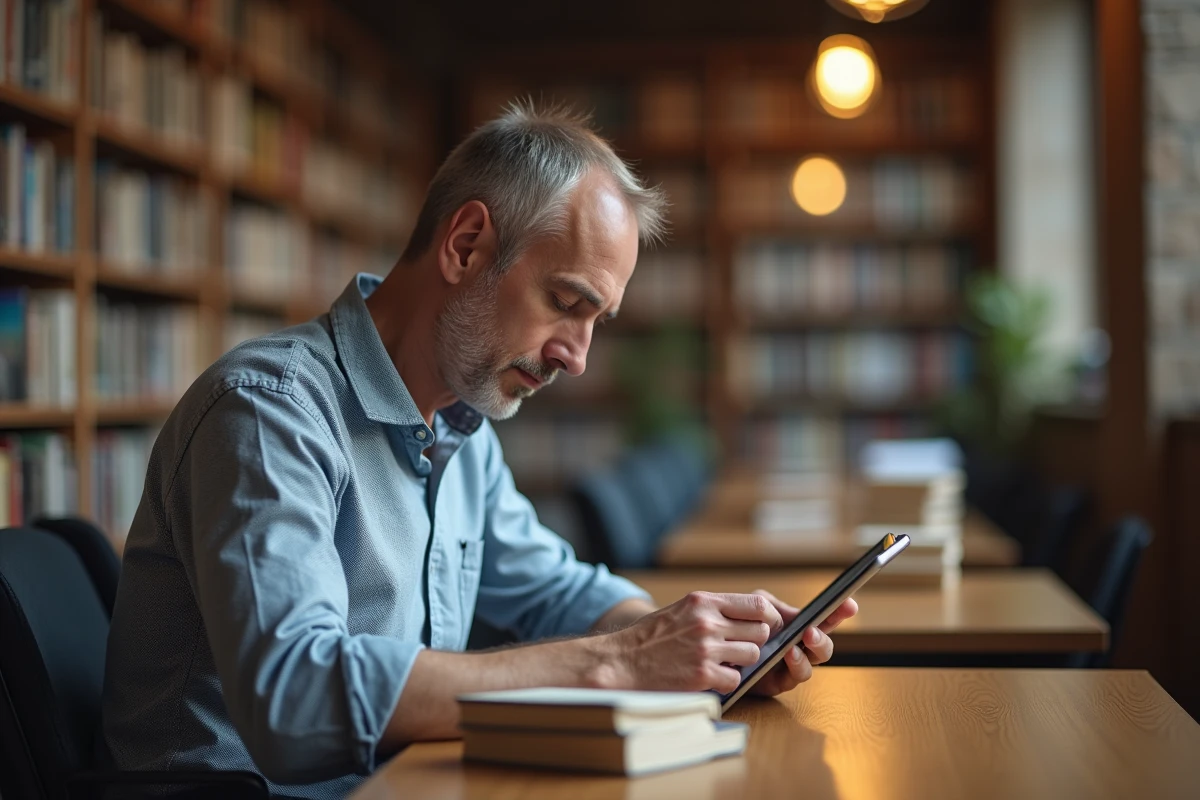 Homme lisant un livre numérique dans une bibliothèque