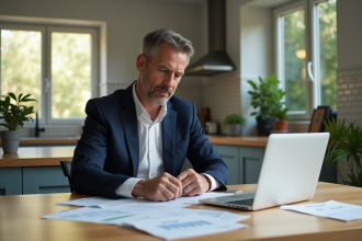 Homme d'âge moyen en blazer regardant des papiers sur la table