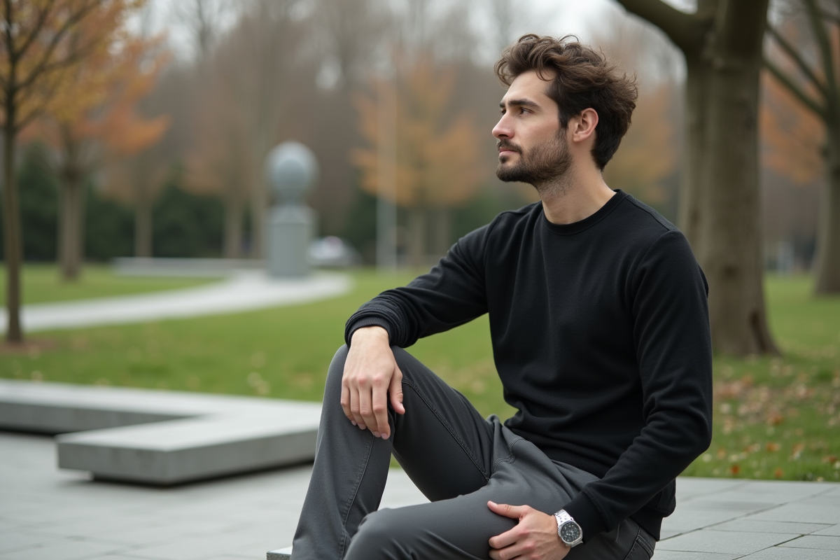 Homme en sweater noir dans un parc urbain calme