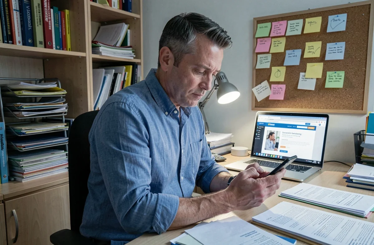 Homme consultant les astuces pour appeler le SAV Darty sans frais depuis son bureau à domicile