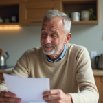 Homme de 60 ans examinant documents de retraite dans la cuisine