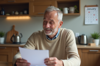Homme de 60 ans examinant documents de retraite dans la cuisine