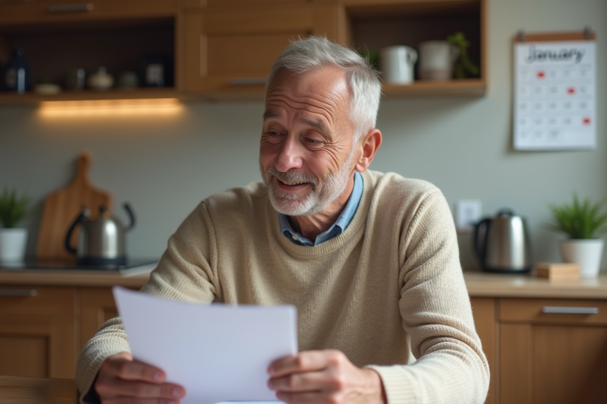 Homme de 60 ans examinant documents de retraite dans la cuisine