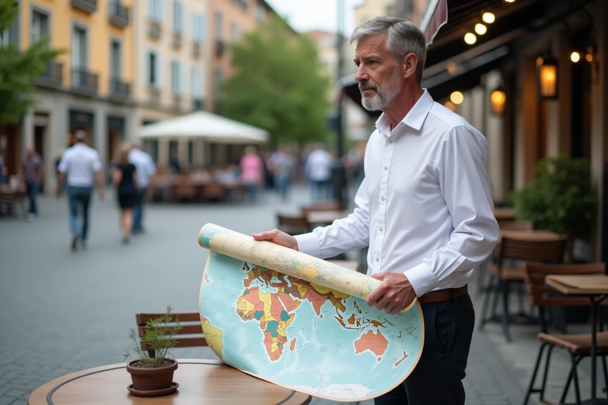 Homme roule une grande carte du monde dans un café urbain