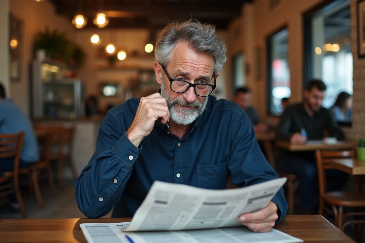 Homme pensif travaillant sur un sudoku dans un café urbain avec journal ouvert