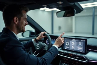 Homme en costume moderne interagissant avec tableau de bord hightech