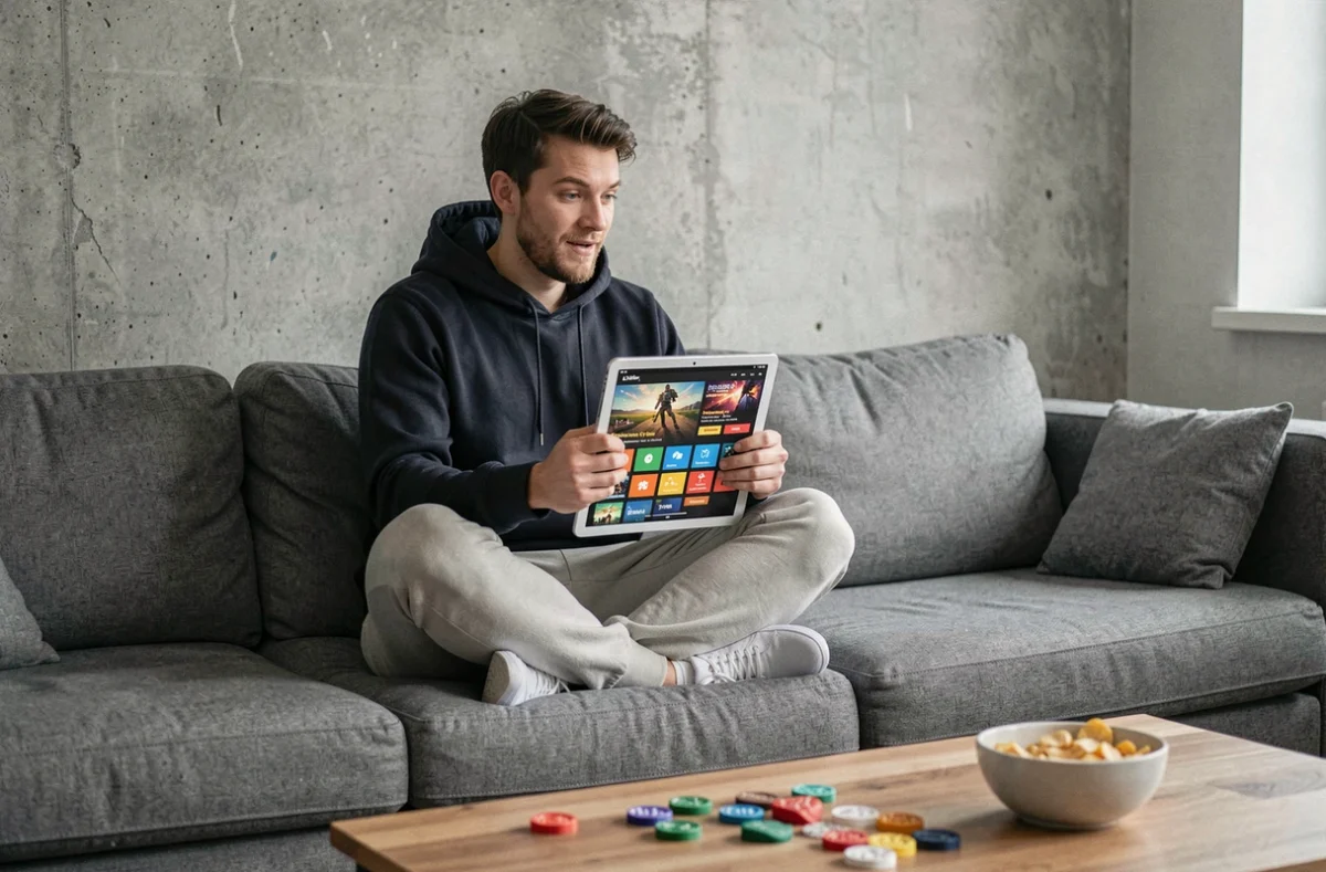 Homme sur canapé consultant les achats in-game et récompenses sur tablette pour Monopoly GO