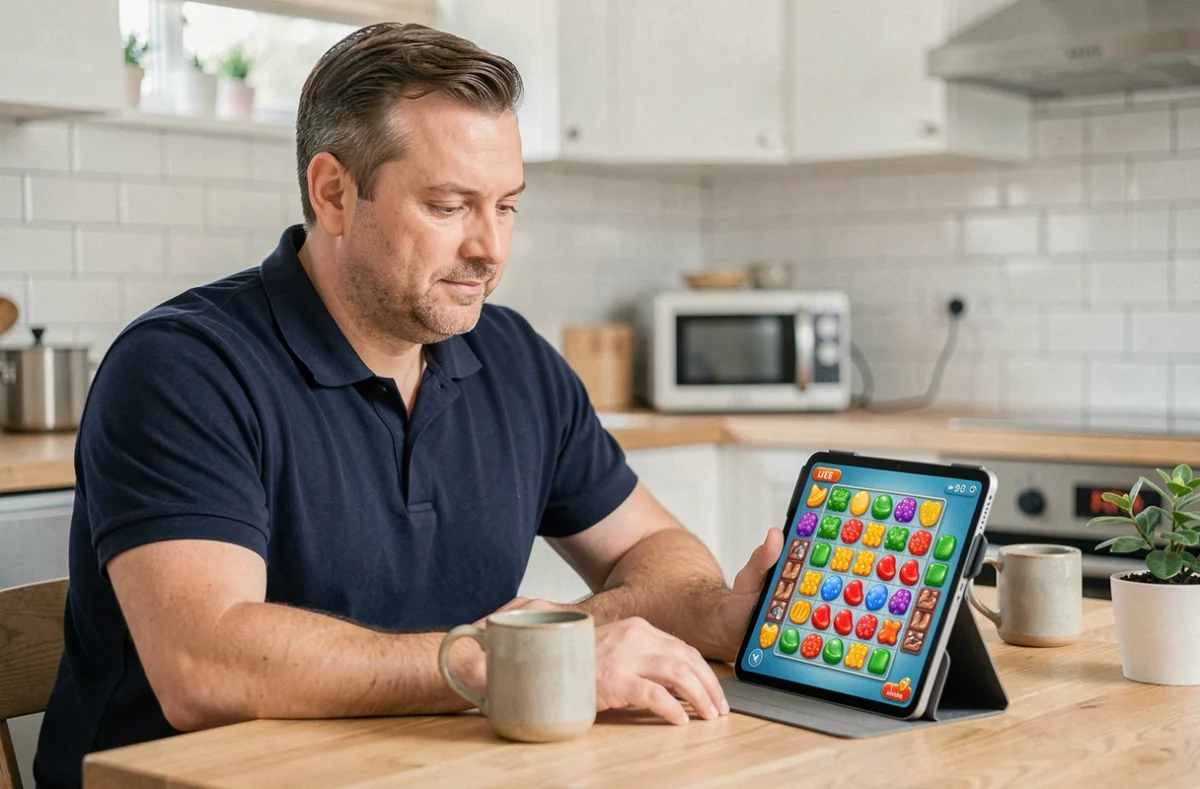 Homme jouant à un jeu de puzzle mobile sur tablette dans une cuisine moderne, représentant les niveaux de Candy Crush