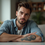 Homme dans un salon moderne montrant son nouveau tatouage