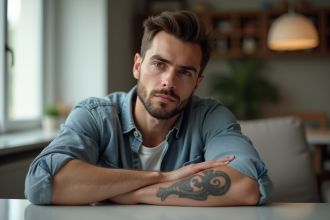 Homme dans un salon moderne montrant son nouveau tatouage