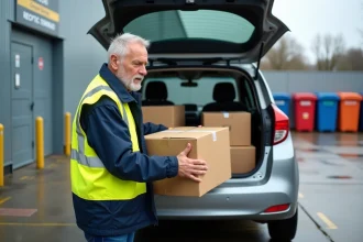 Homme en veste de travail et gilet fluorescent au recyclage