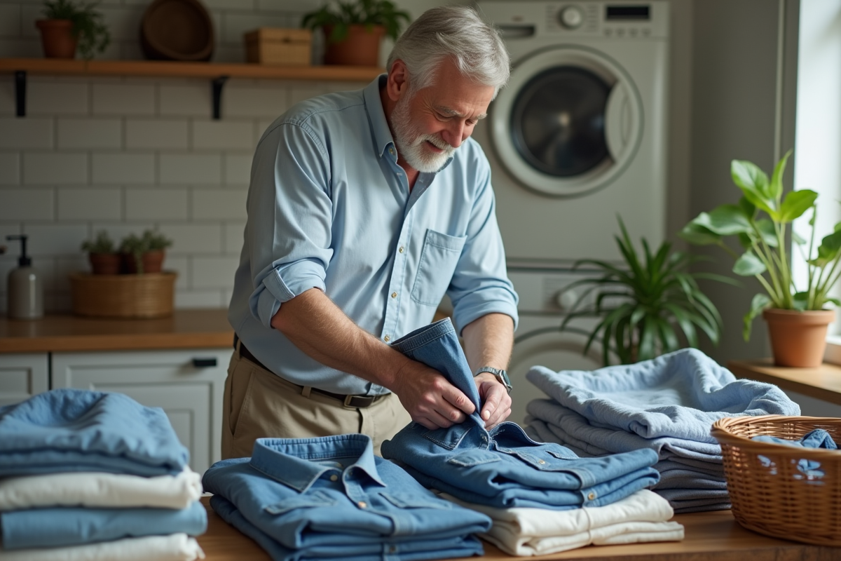 Homme trie des chemises vintage dans sa buanderie