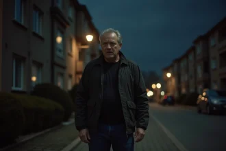 Homme d'âge moyen dans une rue résidentielle la nuit