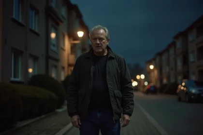 Homme d'âge moyen dans une rue résidentielle la nuit