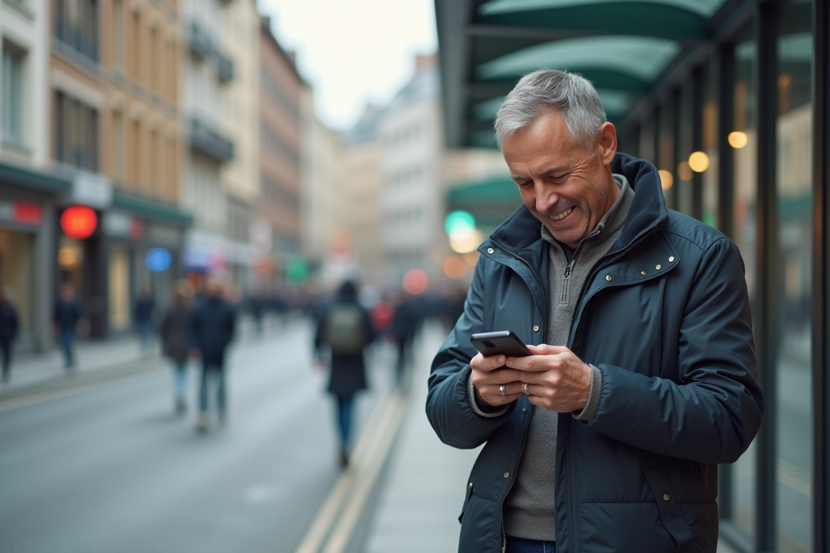 Homme étudiant une application bancaire en ville