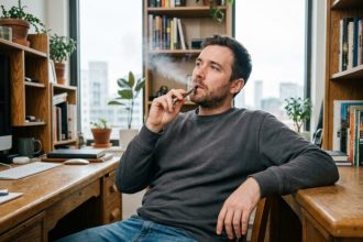 Homme utilisant une cigarette électronique dans un bureau à domicile
