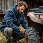 Homme barbu vérifiant la pression d'un quad en extérieur