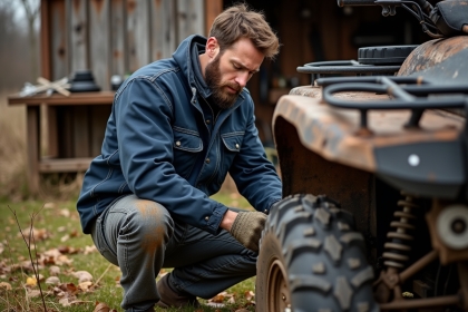 Homme barbu vérifiant la pression d'un quad en extérieur