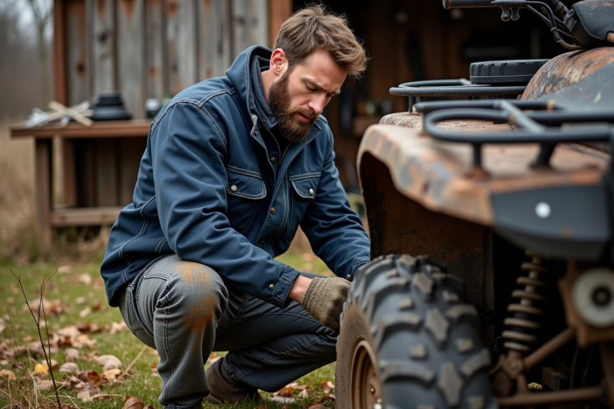 Homme barbu vérifiant la pression d'un quad en extérieur