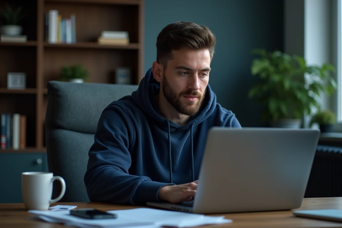 Jeune homme vérifiant un numéro de téléphone inconnu sur ordinateur portable dans un bureau à domicile, recherche d'arnaque téléphonique