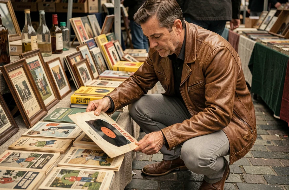 Homme inspectant des vinyles et magazines anciens sur un stand de brocante en Moselle