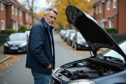 Homme d'âge moyen examine le moteur de sa voiture en extérieur
