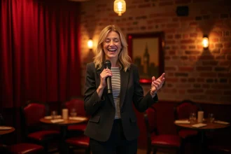 Humoriste française blonde sur scène dans un cabaret parisien tenant un microphone avec un sourire expressif