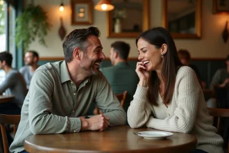 Deux amis en train de rire ensemble autour d'un café dans un bistrot parisien, partageant un moment de complicité autour d'une blague d'humour noir