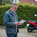 Homme inspectant documents moto Dax 50cc en extérieur