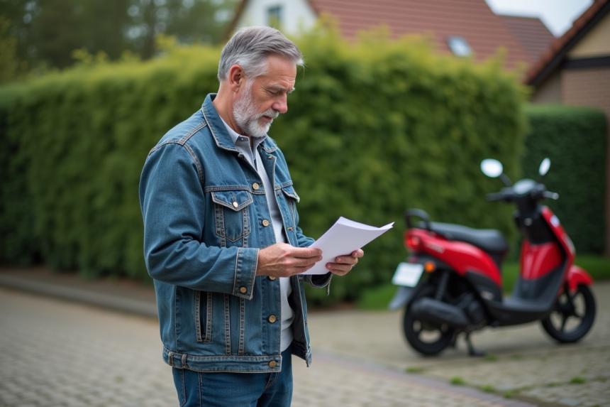 Homme inspectant documents moto Dax 50cc en extérieur