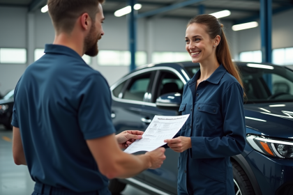 Mecanicien remettant un rapport d inspection à un client devant une voiture moderne
