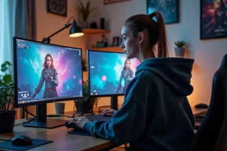 Jeune femme installant un mod pour Les Sims 4 sur son ordinateur de bureau dans un espace gaming organisé