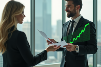 Homme et femme d affaires discutant de documents d investissement dans un bureau moderne