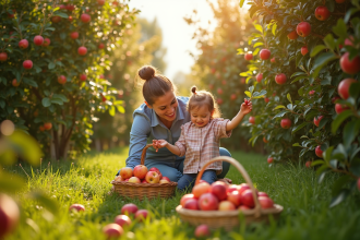 Jardin fruitier avec enfants cueillant des fruits mûrs