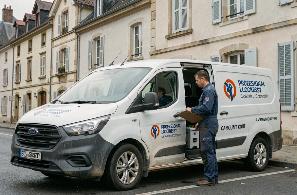 Technicien de Jean Couette S.A.R.L. à Chaumont déchargeant du matériel spécialisé depuis le véhicule de service