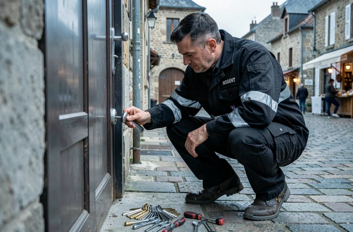 Jean Perard, serrurier à Nogent, en train de travailler sur une serrure de porte commerciale dans la place du marché