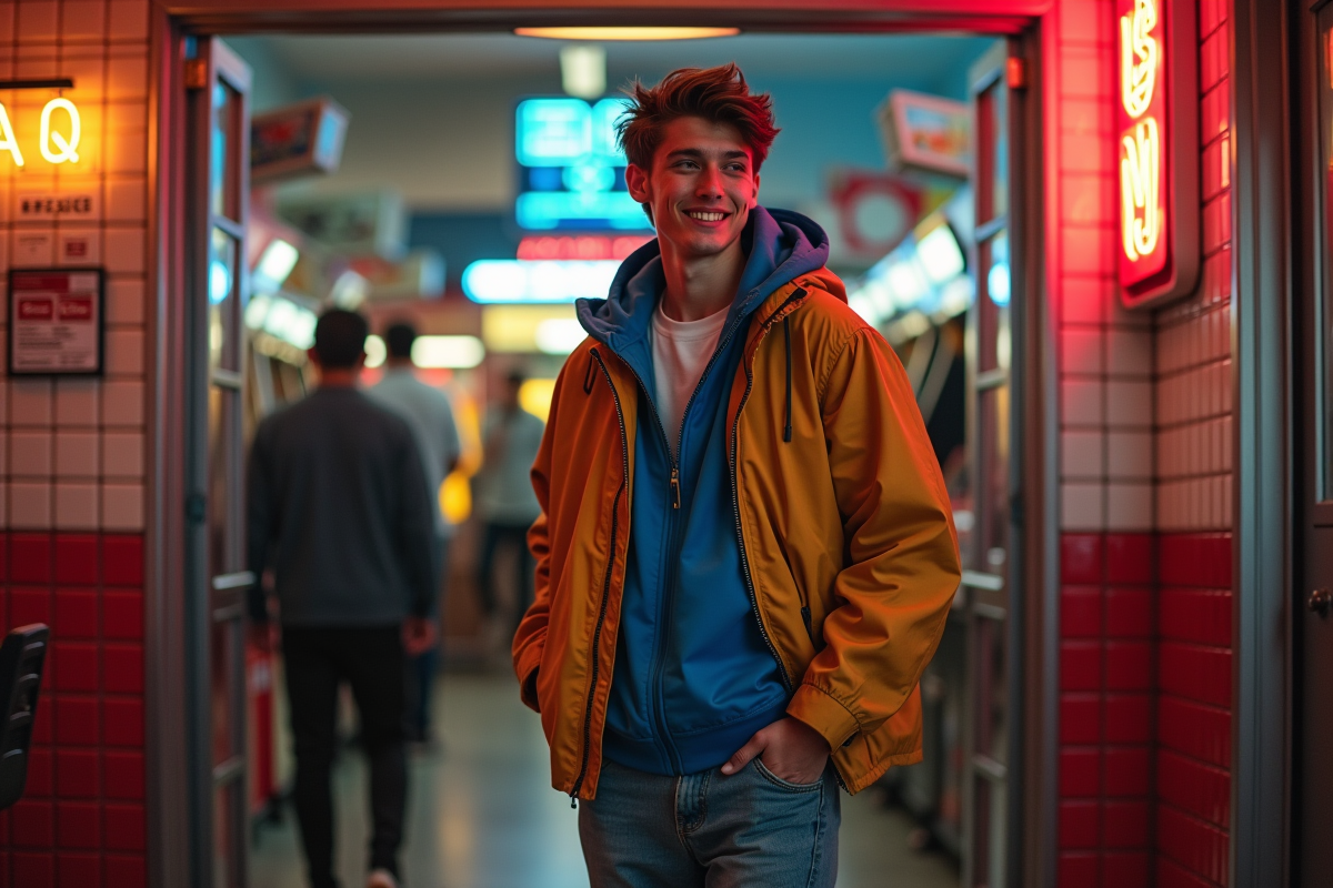 Jeune homme devant une arcade vintage avec néons et machines