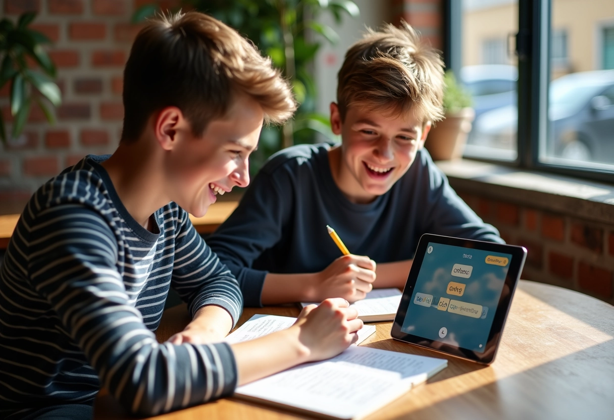 Adolescent discutant de mots avec un ami au café