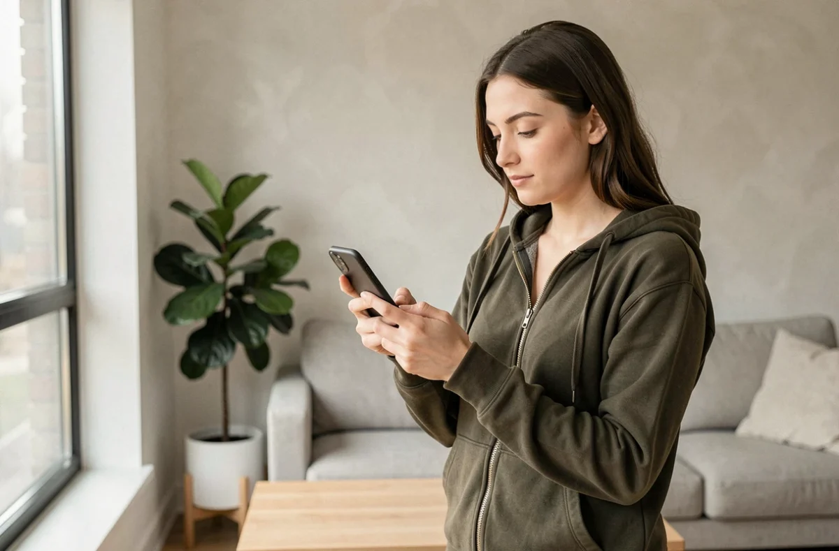 Jeune femme lisant des astuces pour téléphoner au SAV Darty pas cher sur son smartphone dans un salon moderne