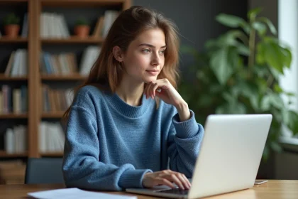 Jeune femme concentrée dans son bureau avec ordinateur et plantes