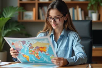 Jeune femme regarde une carte du monde imprimée à son bureau