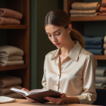 Jeune femme élégante compare des tissus de luxe dans une boutique